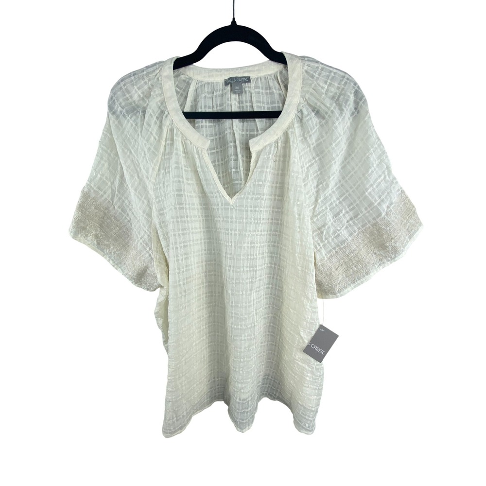 NWT Falls Creek Womens Blouse Top 2X Cream Cotton Gauze Embroidered Boho Cottage
